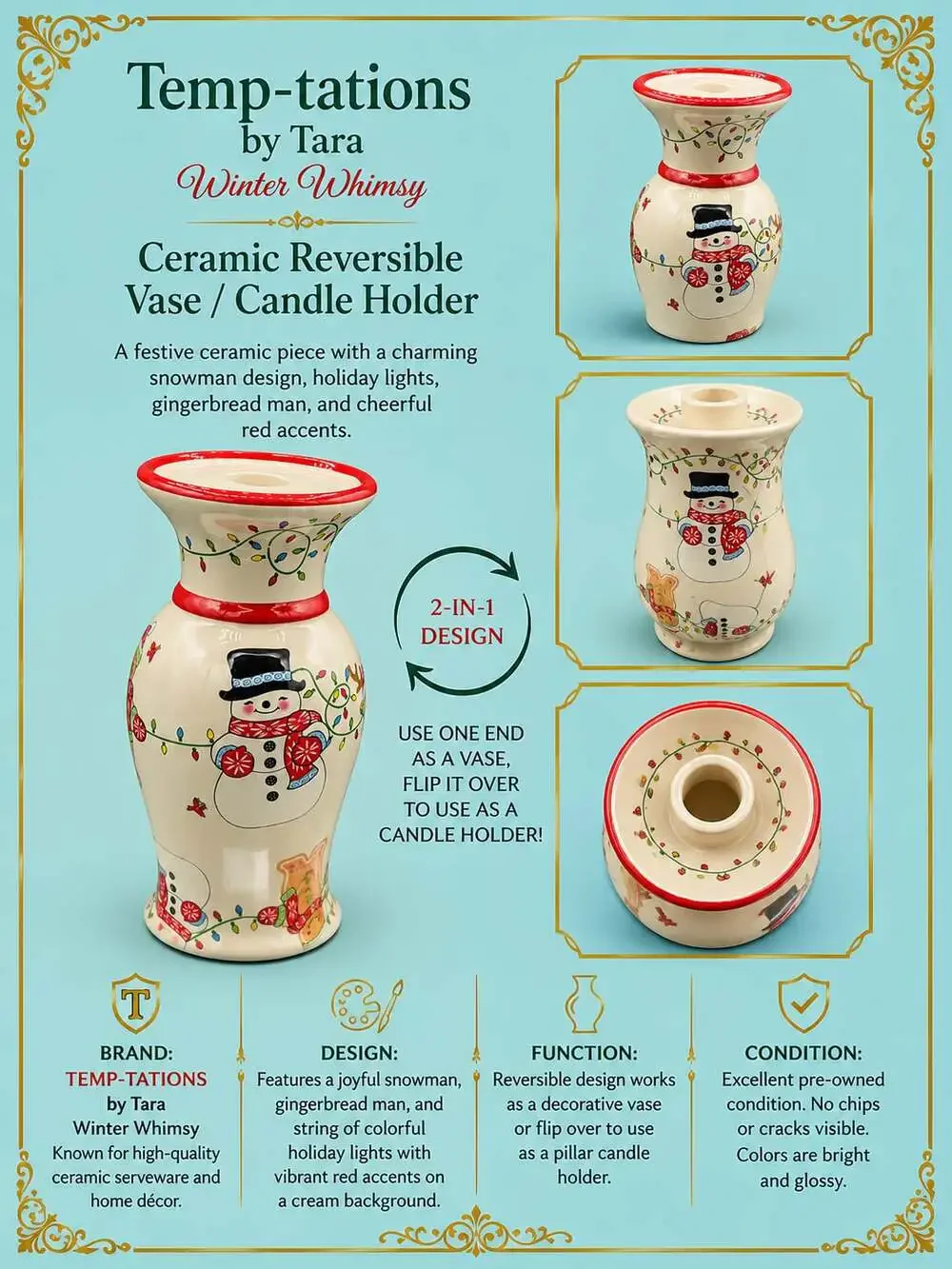 Temp-tations by Tara Winter Whimsy Ceramic Reversible Vase and Candle Holder